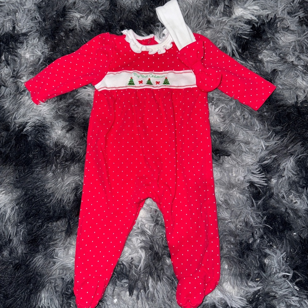 Little Me Red Polka Dot Footie with Festive Trim